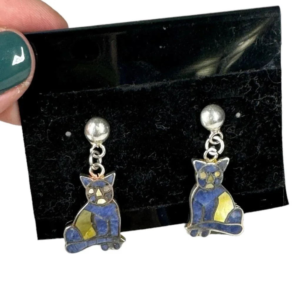 Vintage Sterling Silver Cat Earrings Post Stud 950 Lapis Lazuli Abalone Kitty - Picture 3 of 6